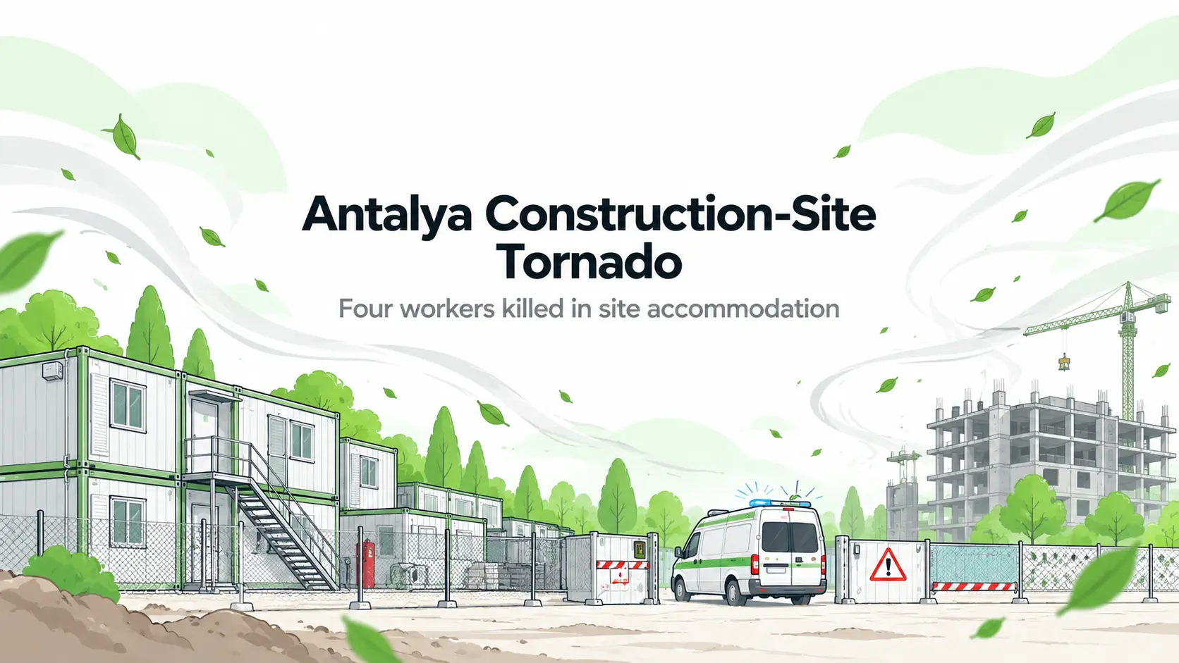 Conceptual illustration of construction-site accommodation containers and an unfinished building during severe wind, with emergency responders outside a cordon
