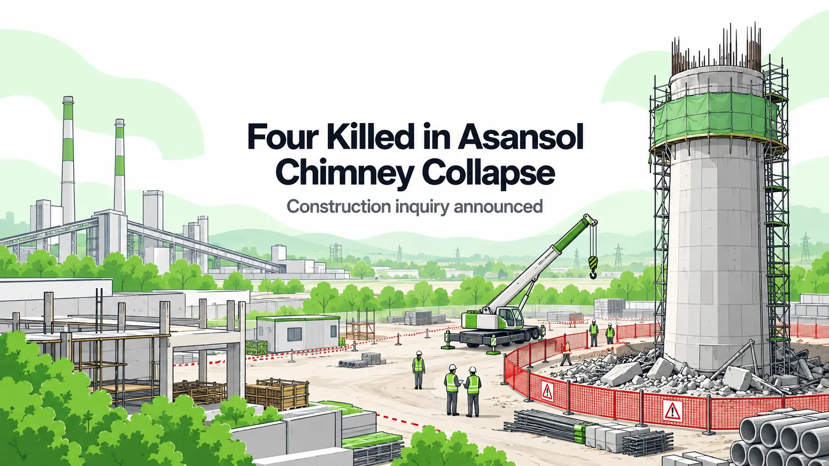 Editorial illustration of an industrial chimney construction site with a fenced exclusion zone; not the actual Asansol incident.