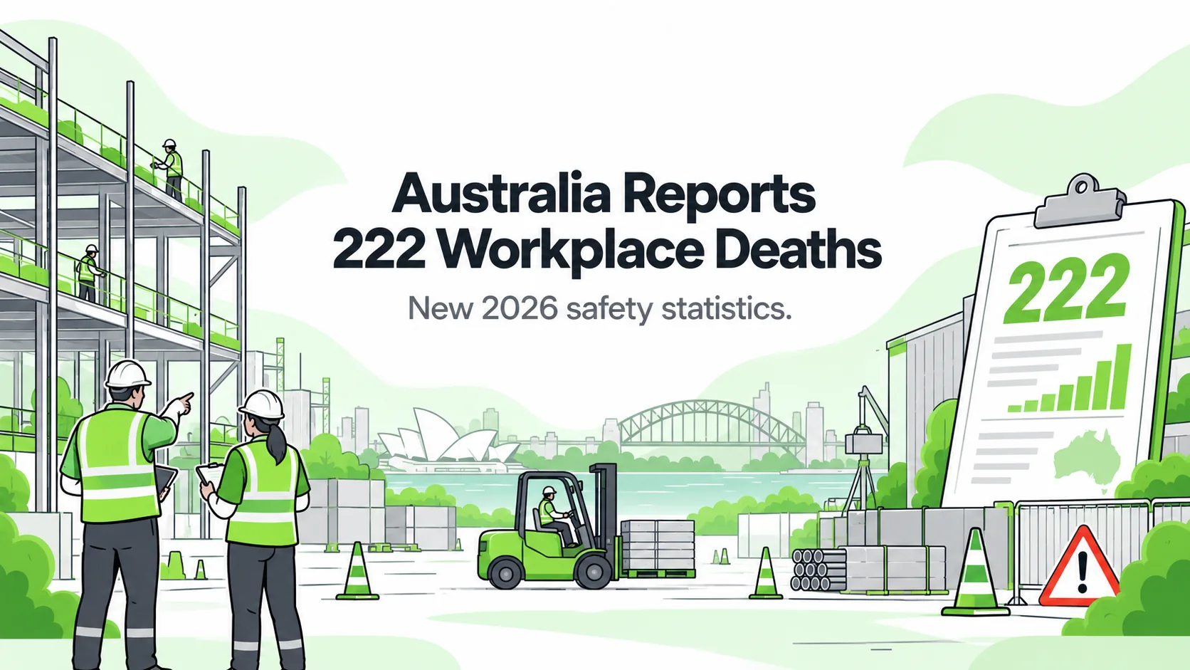 Editorial illustration of Australian industrial workers, a forklift and a safety report marked 222, representing newly released workplace fatality statistics.