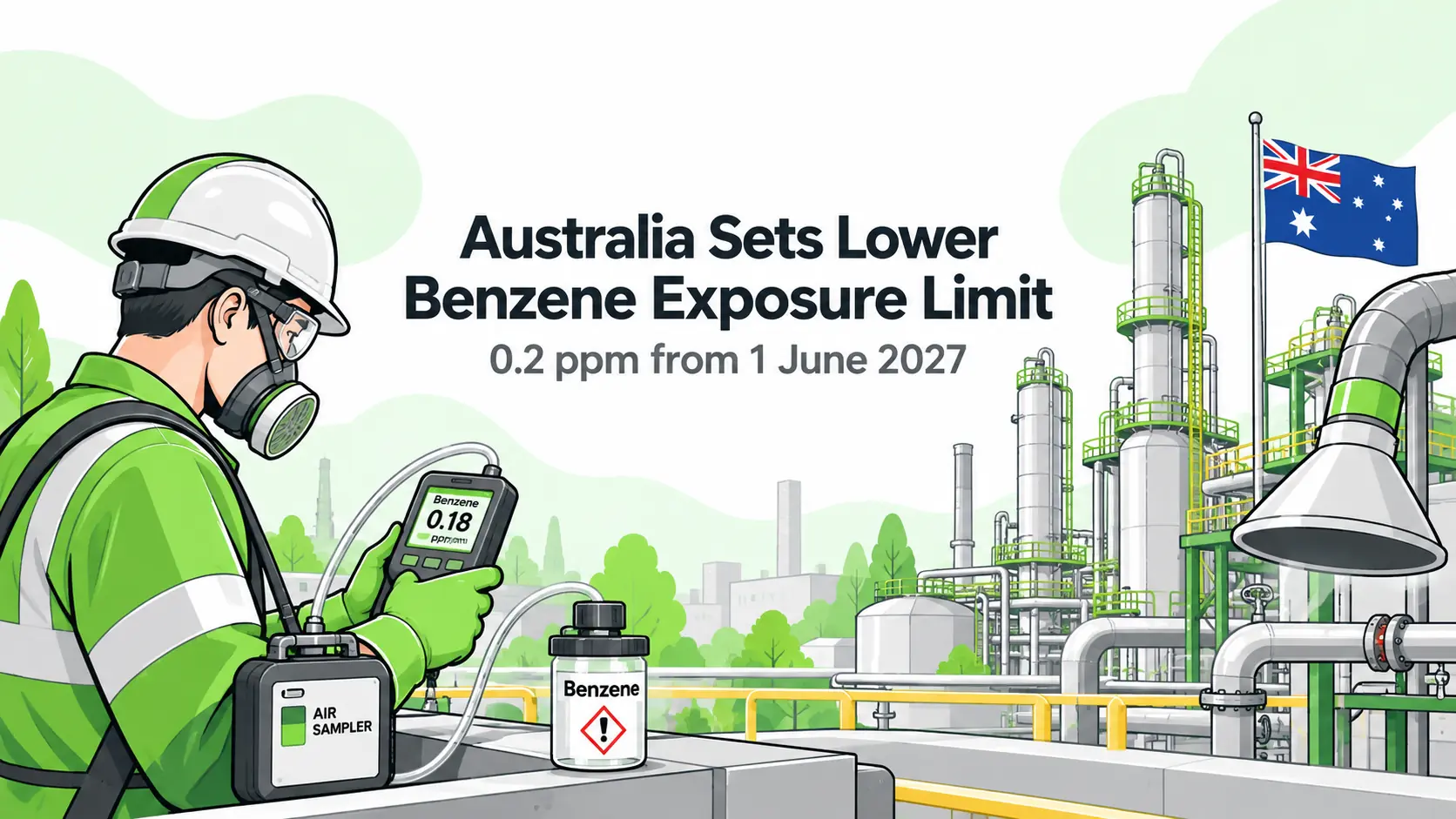 Illustration of an industrial hygienist monitoring benzene exposure at an Australian process facility