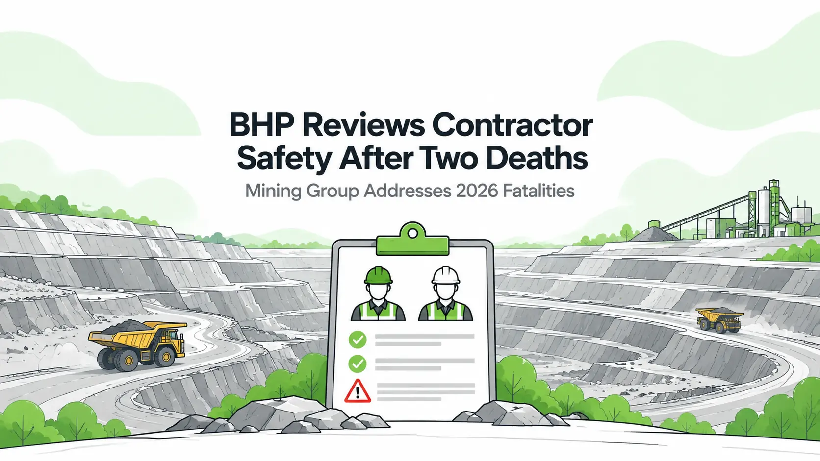 Illustration of an open-cut mine and a contractor safety review checklist