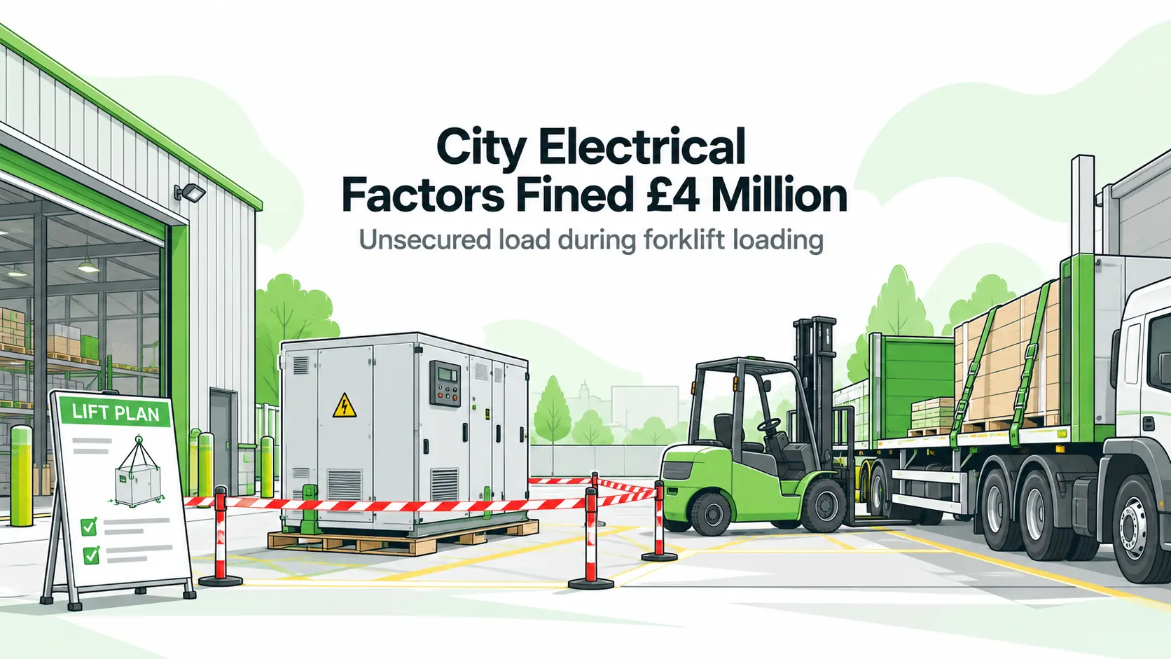 Editorial illustration of a forklift loading bay, electrical switchboard and exclusion barrier; not the Telford incident.