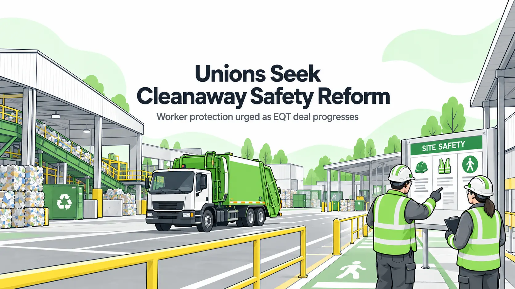 Editorial illustration of workers reviewing a safety board in a recycling facility with separated pedestrian and waste-truck routes.