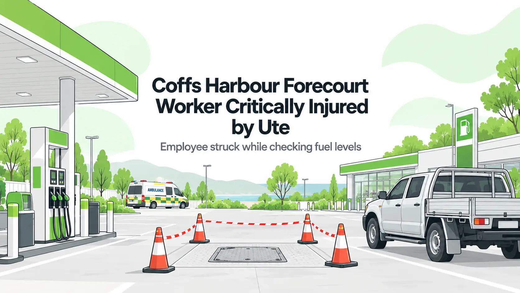 HSE Blog illustration of a service station forecourt with an isolated inspection cover, parked utility vehicle and ambulance; not an actual incident photograph.