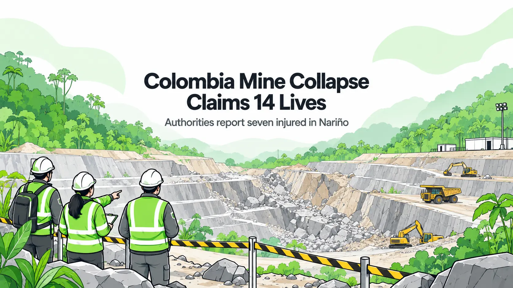 Conceptual editorial illustration of a collapsed open-pit mine with a small response team behind barriers in a forested landscape.