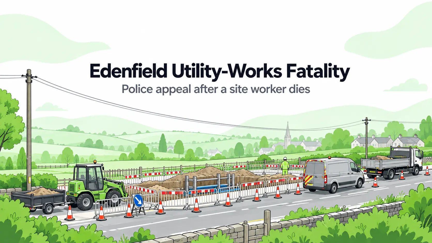 Conceptual illustration of a barrier-protected utility roadwork zone with a tractor and trailer, van, dropside lorry and telegraph poles