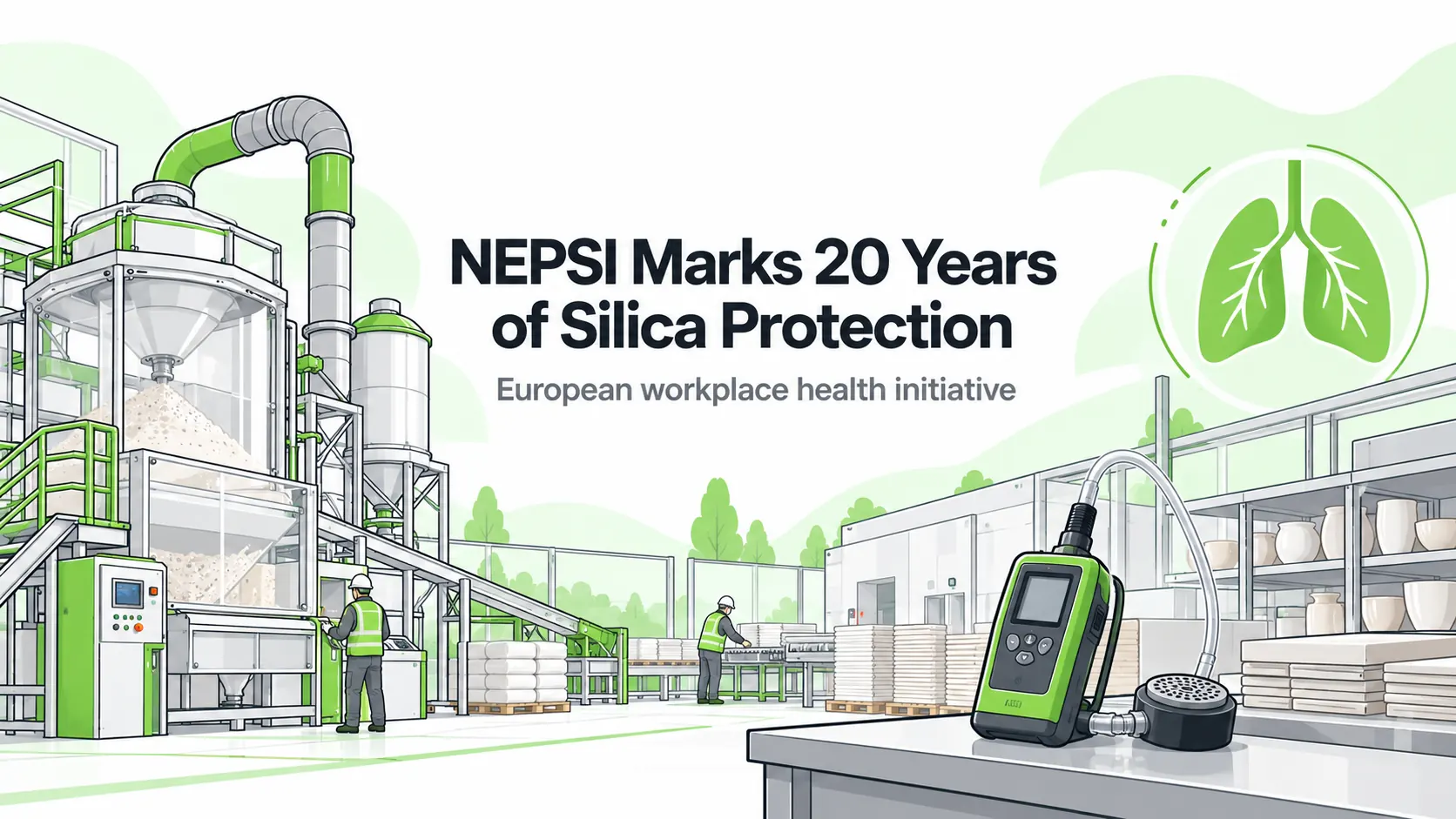 Editorial illustration of enclosed industrial mixing equipment, dust extraction and exposure sampling, representing silica prevention.