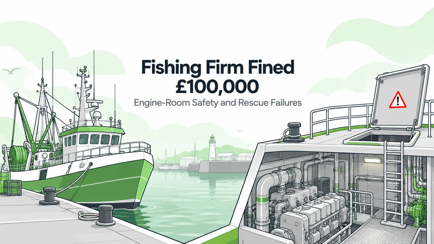 Editorial illustration of a moored fishing trawler and a cutaway engine compartment with access ladder and hatch; not the Resurgam or an incident photograph.