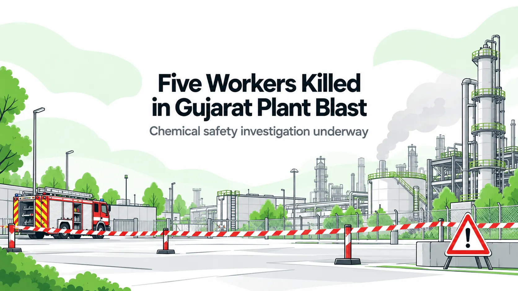 Editorial illustration of a chemical facility behind an emergency cordon with a response vehicle; not the actual Bharuch incident.