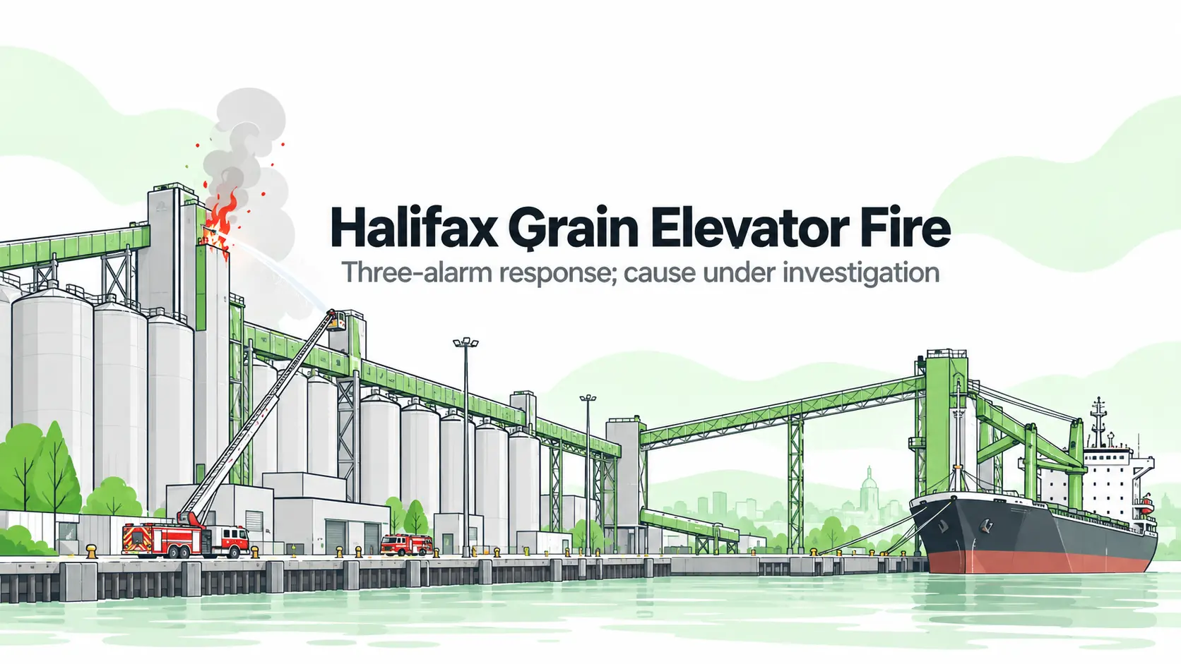 Illustration of firefighters using an aerial appliance at a waterfront grain terminal, with silos, conveyors and a docked vessel