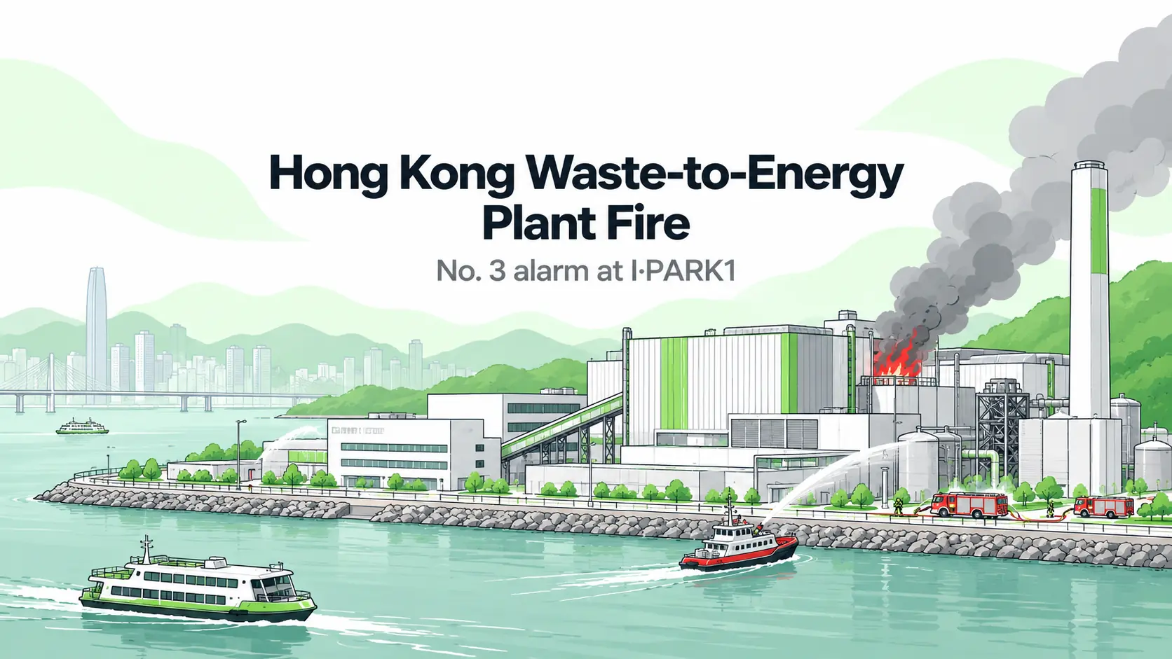 Illustration of firefighters responding to a fire at a coastal waste-to-energy facility on an artificial island in Hong Kong