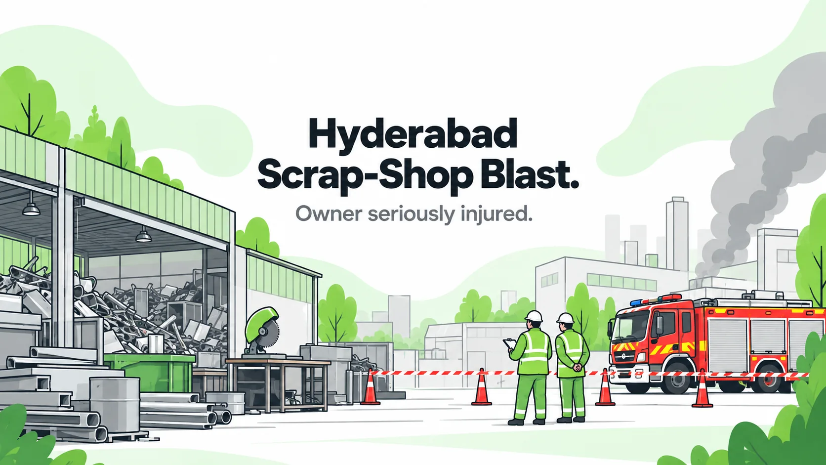 HSEBlog illustration of a cordoned scrap shop with metal-cutting equipment and emergency responders.