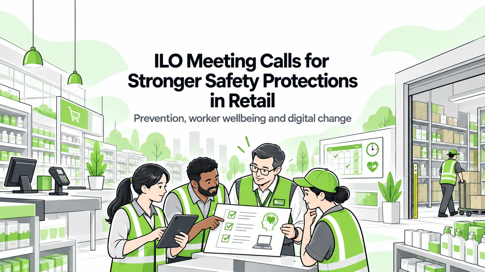 Editorial illustration of retail workers reviewing a workplace safety checklist in a store and stockroom, representing recommendations on prevention, worker wellbeing and technology; not an actual ILO meeting photograph.