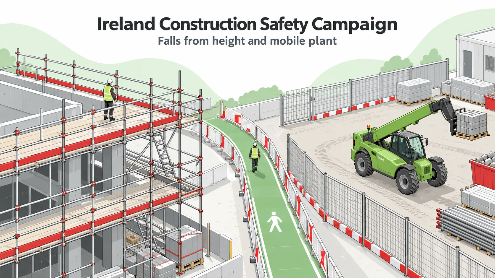Editorial illustration of an Irish construction site with a guarded scaffold, a protected green pedestrian walkway and a telehandler in a separate fenced vehicle zone; not a photograph of an actual site.