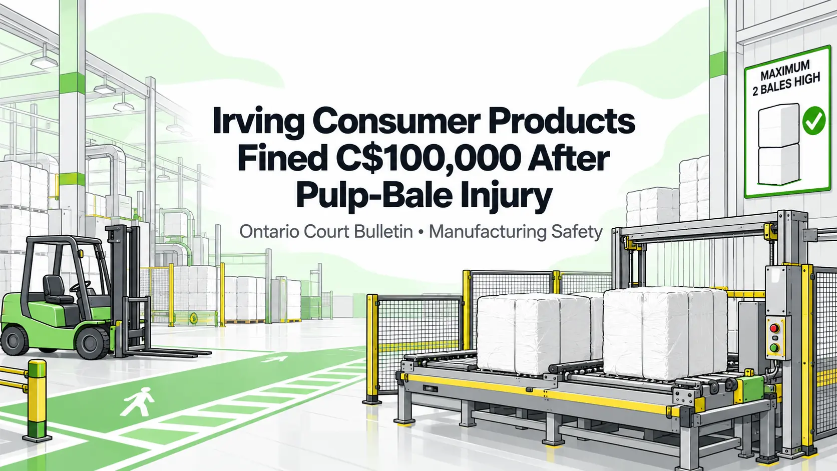 Illustration of safe pulp-bale handling at a guarded wire-cutting station representing an Ontario workplace-safety conviction.