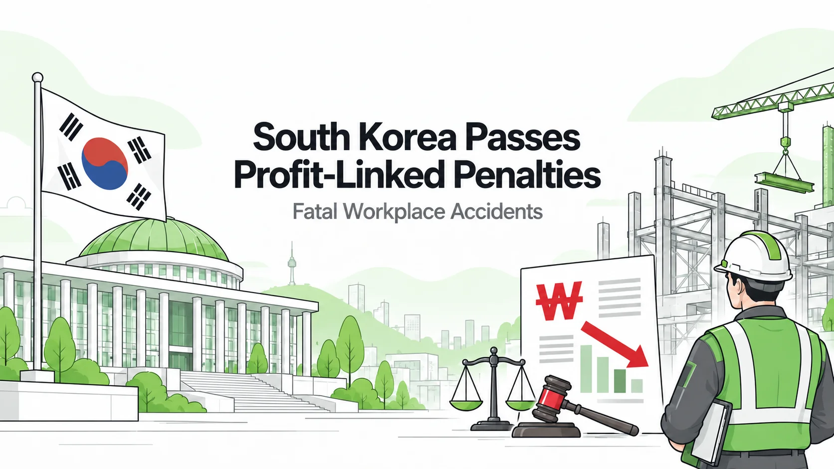 Editorial illustration of South Korean legislation, a construction worker and red profit-linked penalty symbols.