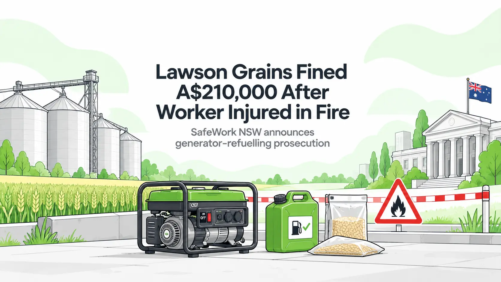 HSE Blog illustration of a stopped petrol generator, closed fuel container and grain samples beside farm silos and a courthouse.