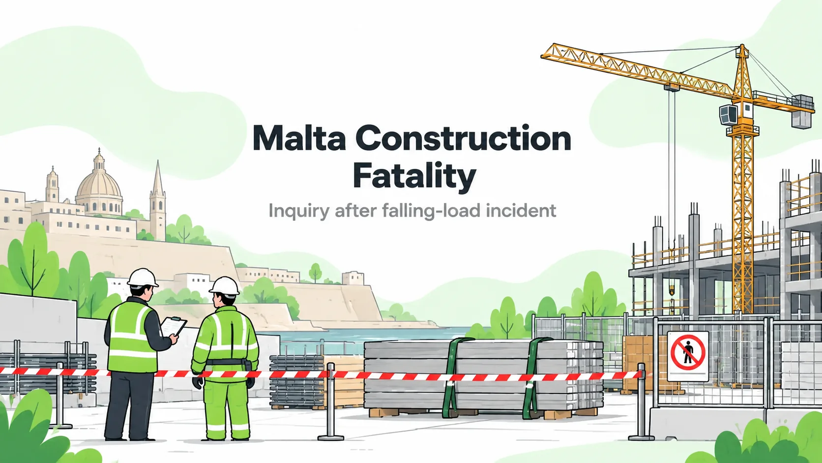 Conceptual HSEBlog illustration of a cordoned Malta construction site with a tower crane and investigators.