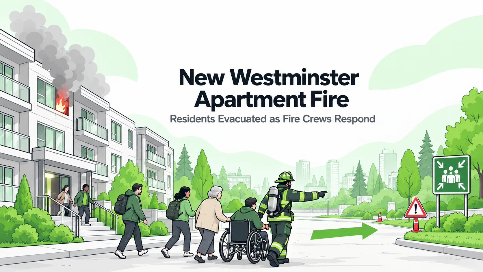 Editorial illustration of apartment fire evacuation and a firefighter guiding residents to an assembly point; not the actual incident.
