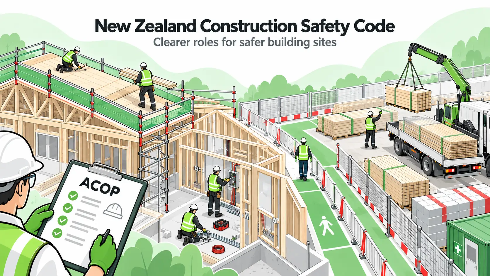 Editorial illustration of a timber-frame building site, separate trade areas and an ACOP checklist; not an actual site photograph.
