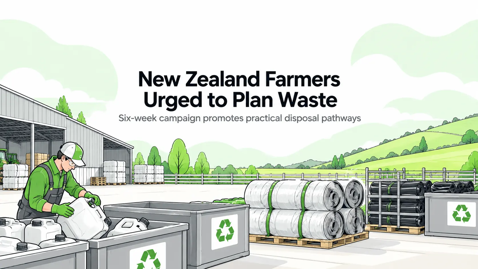 Editorial illustration of a farm worker sorting empty containers beside separated recycling areas, agricultural plastics and a rural shed.