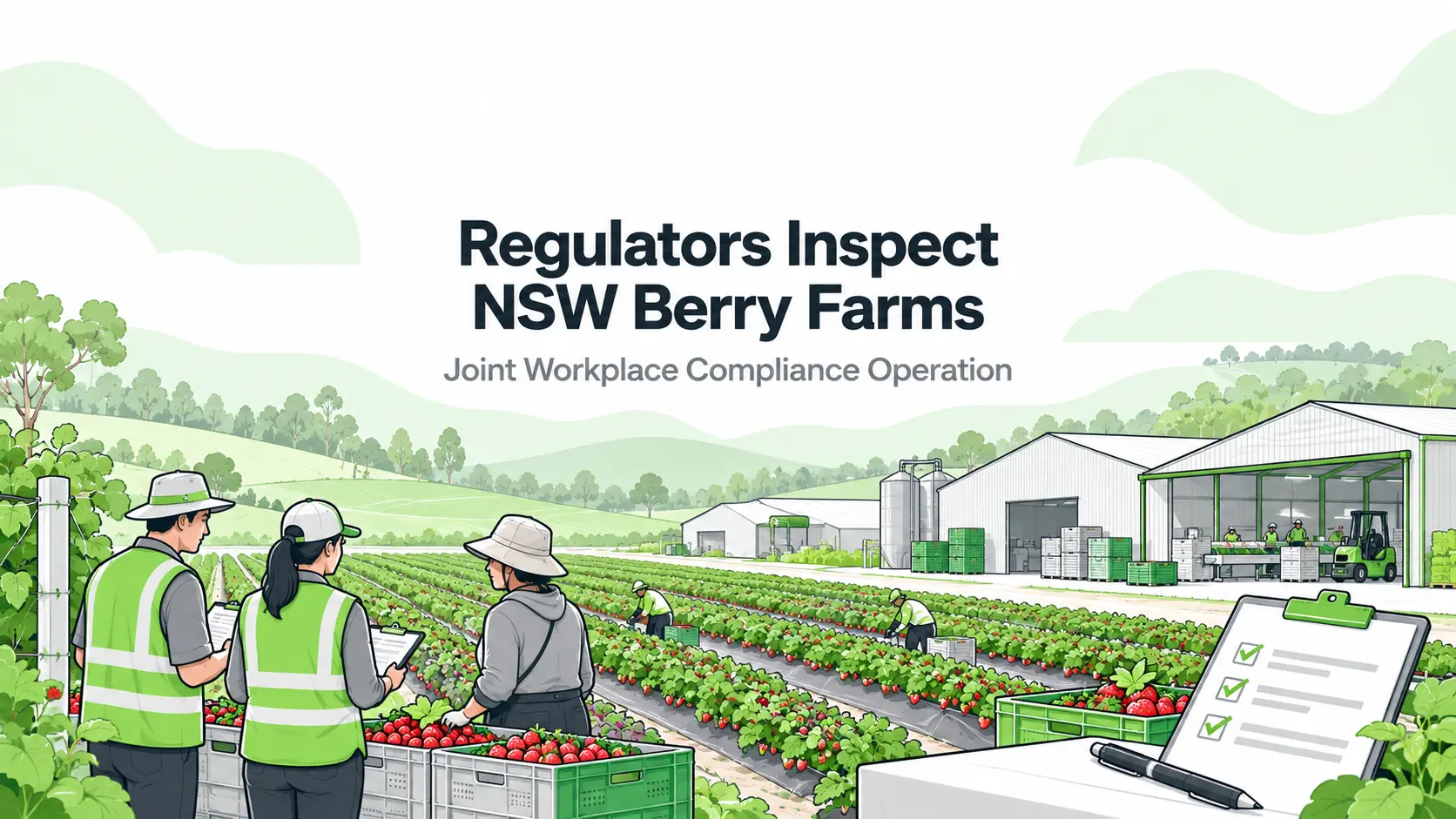 Illustration of safety inspectors speaking with workers at a New South Wales berry farm