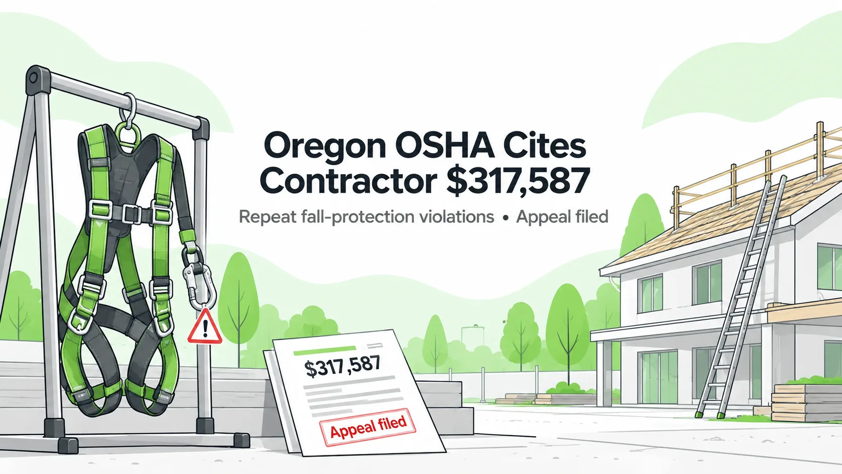 Editorial illustration of a hanging fall-protection harness, a construction roof and a penalty document marked $317,587 and Appeal filed; not the actual Molalla site.