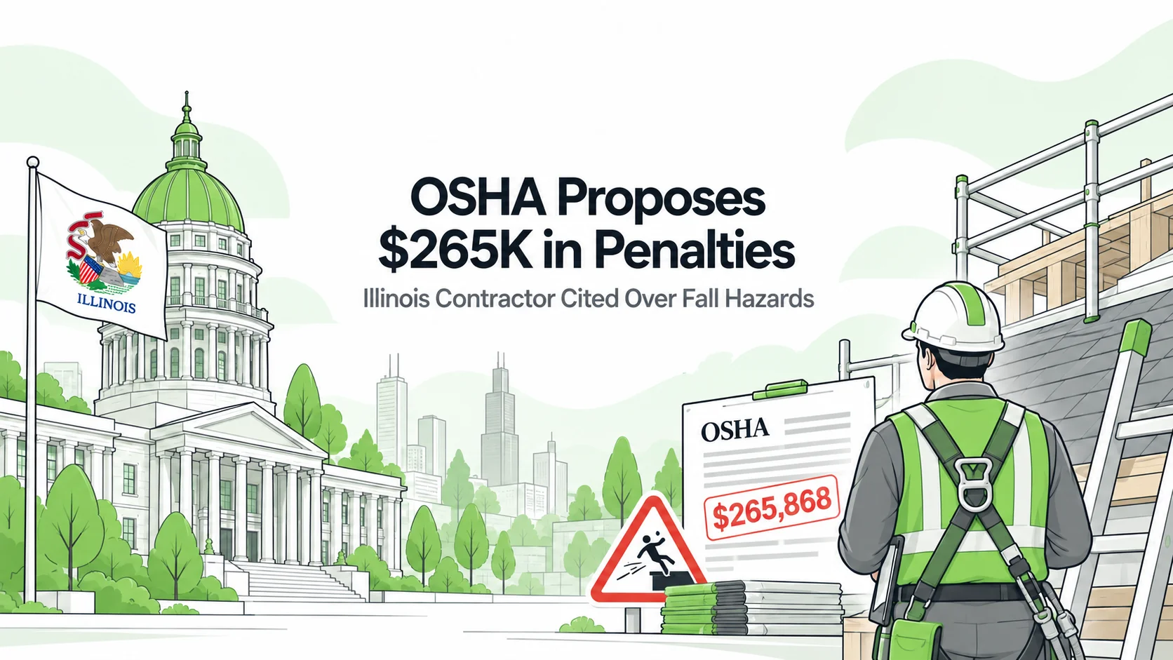 Editorial illustration of an Illinois roof worker wearing a harness, a red fall warning and a proposed $265,868 penalty notice.
