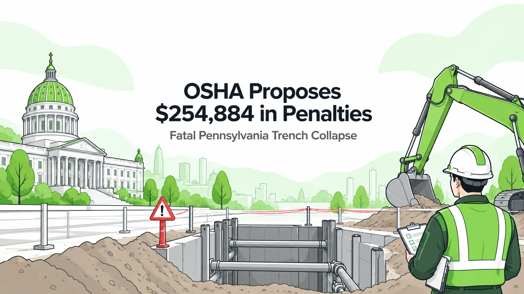 Editorial illustration of a Pennsylvania excavation with trench supports, an excavator, a worker and a red hazard warning.