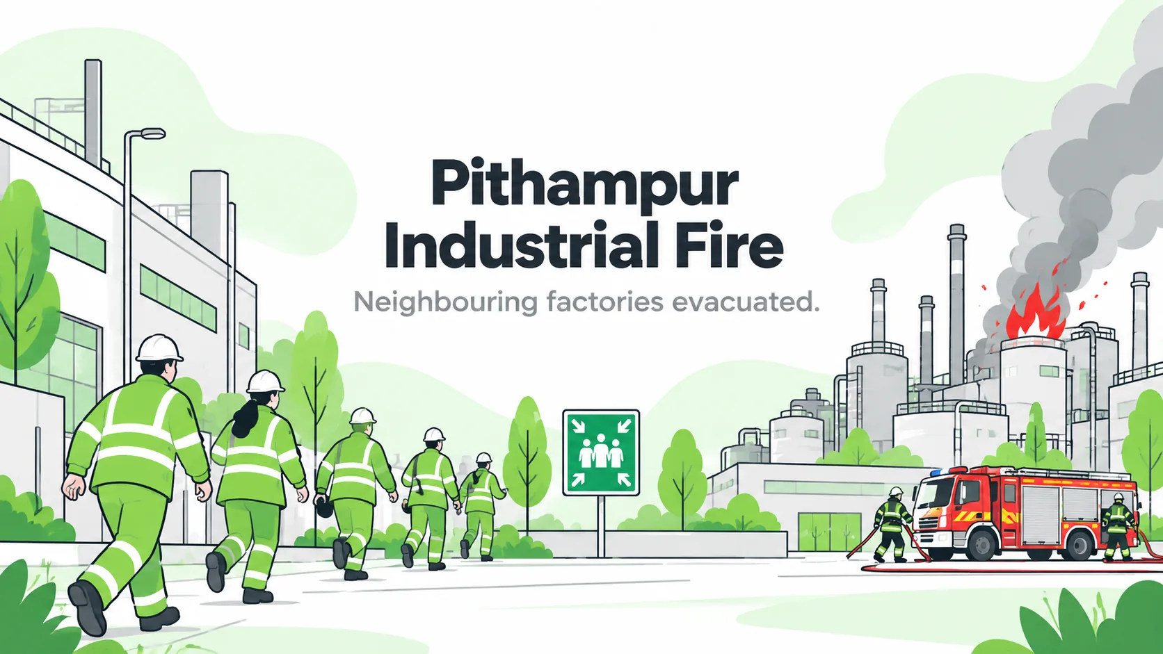 Editorial illustration of workers evacuating an industrial site while firefighters respond to a distant factory fire, representing the Pithampur incident.