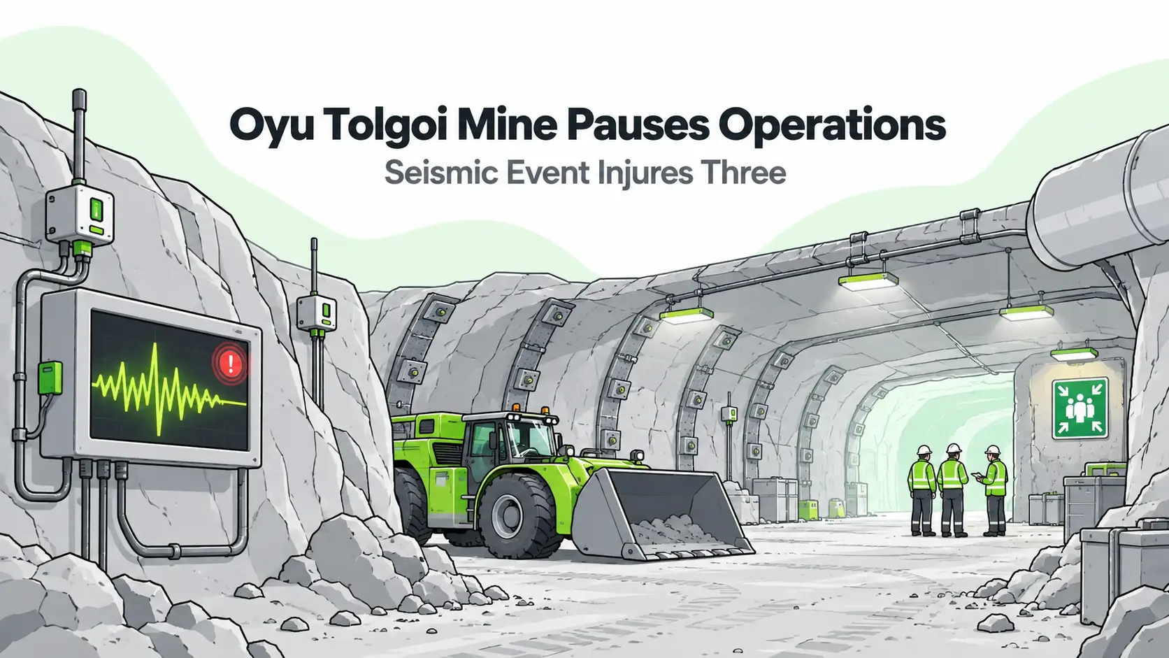 Illustration of an underground mine tunnel with seismic monitoring equipment, a parked loader and workers at an assembly point.