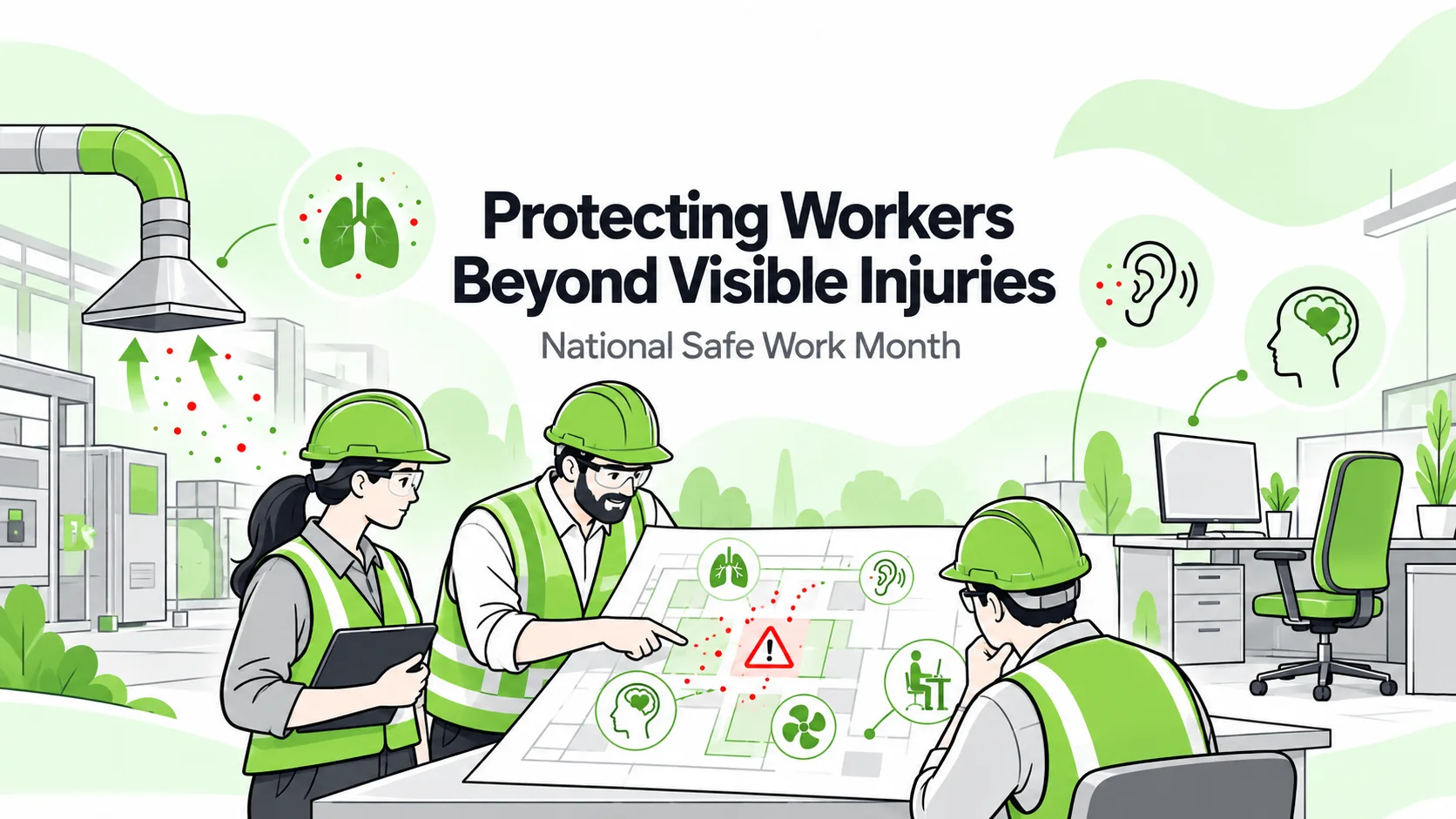 Editorial illustration of workers reviewing physical and psychological health hazards, with ventilation, lung and hearing symbols.
