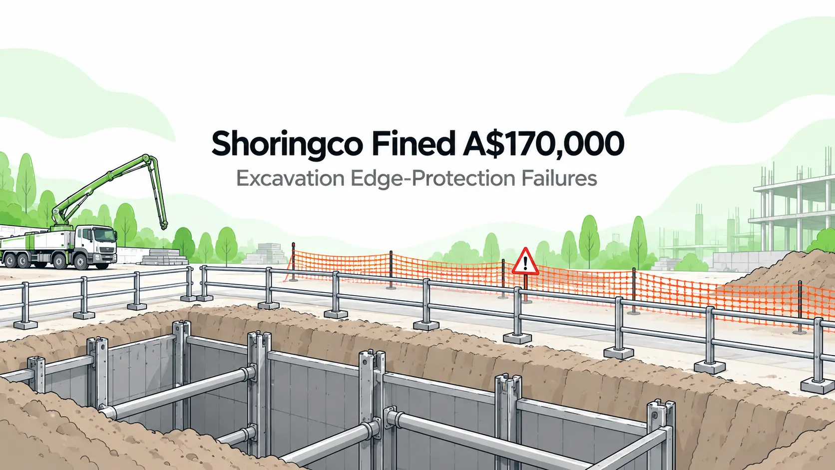 Editorial illustration of excavation edge barriers, plastic mesh and a concrete pump, representing the Shoringco safety ruling; not an incident photograph.