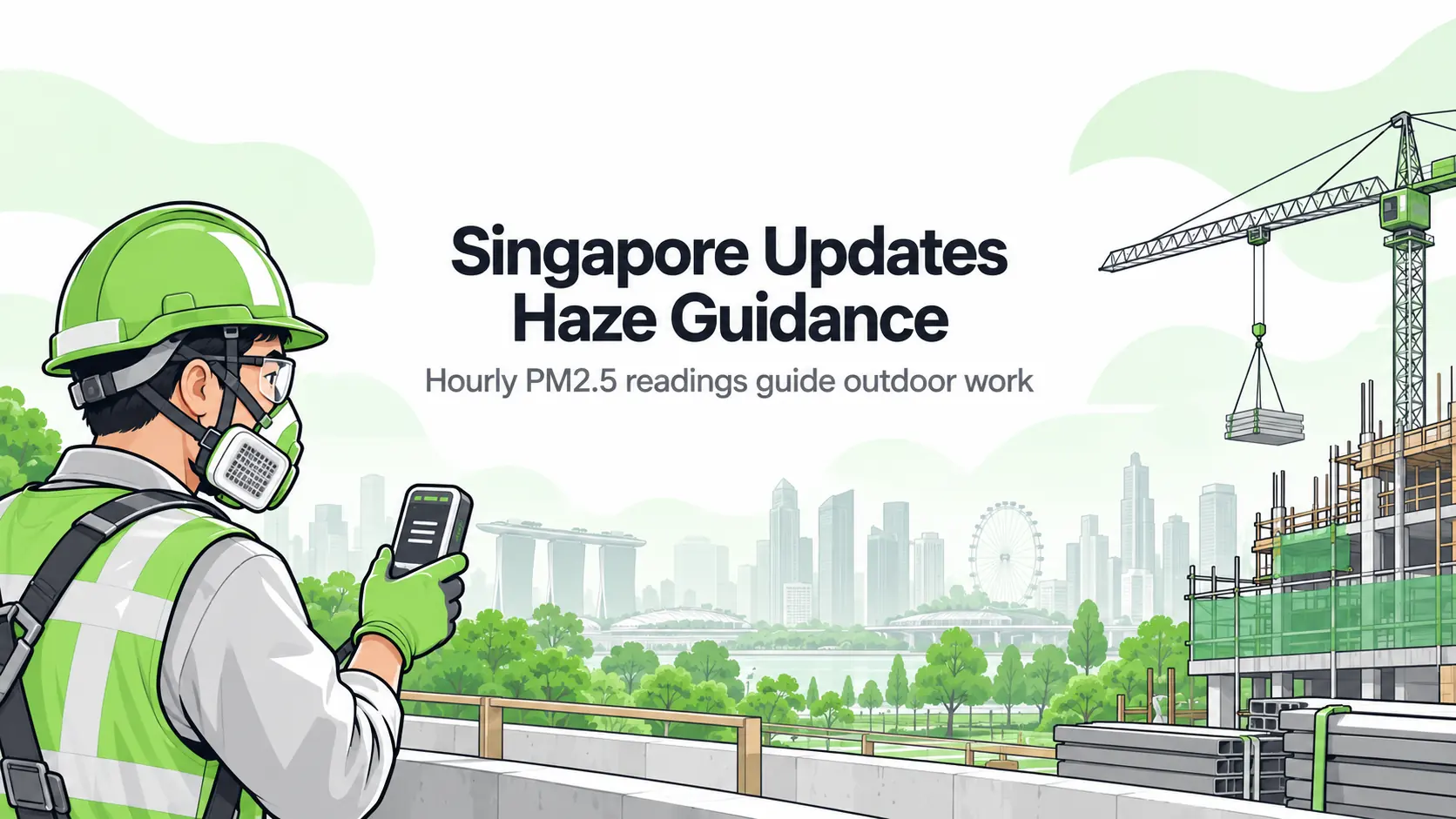 Editorial illustration of a respirator-wearing outdoor worker checking air quality beside a Singapore construction site.