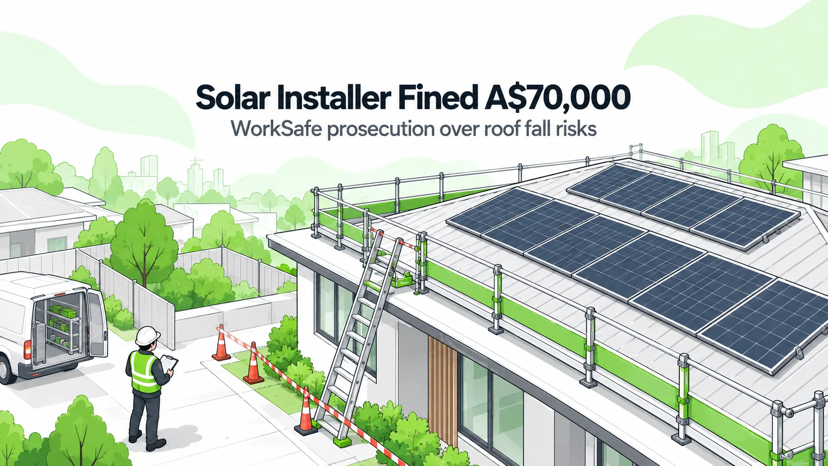 Editorial illustration of solar panels on a two-storey construction roof with edge-protection equipment and secured access, representing fall-prevention lessons from a WorkSafe prosecution.