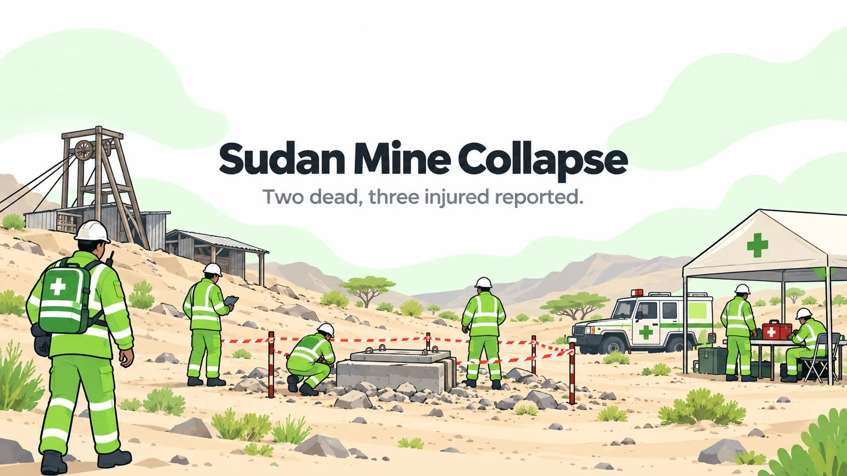 HSEBlog conceptual illustration of a cordoned artisanal mine shaft and responders in eastern Sudan.