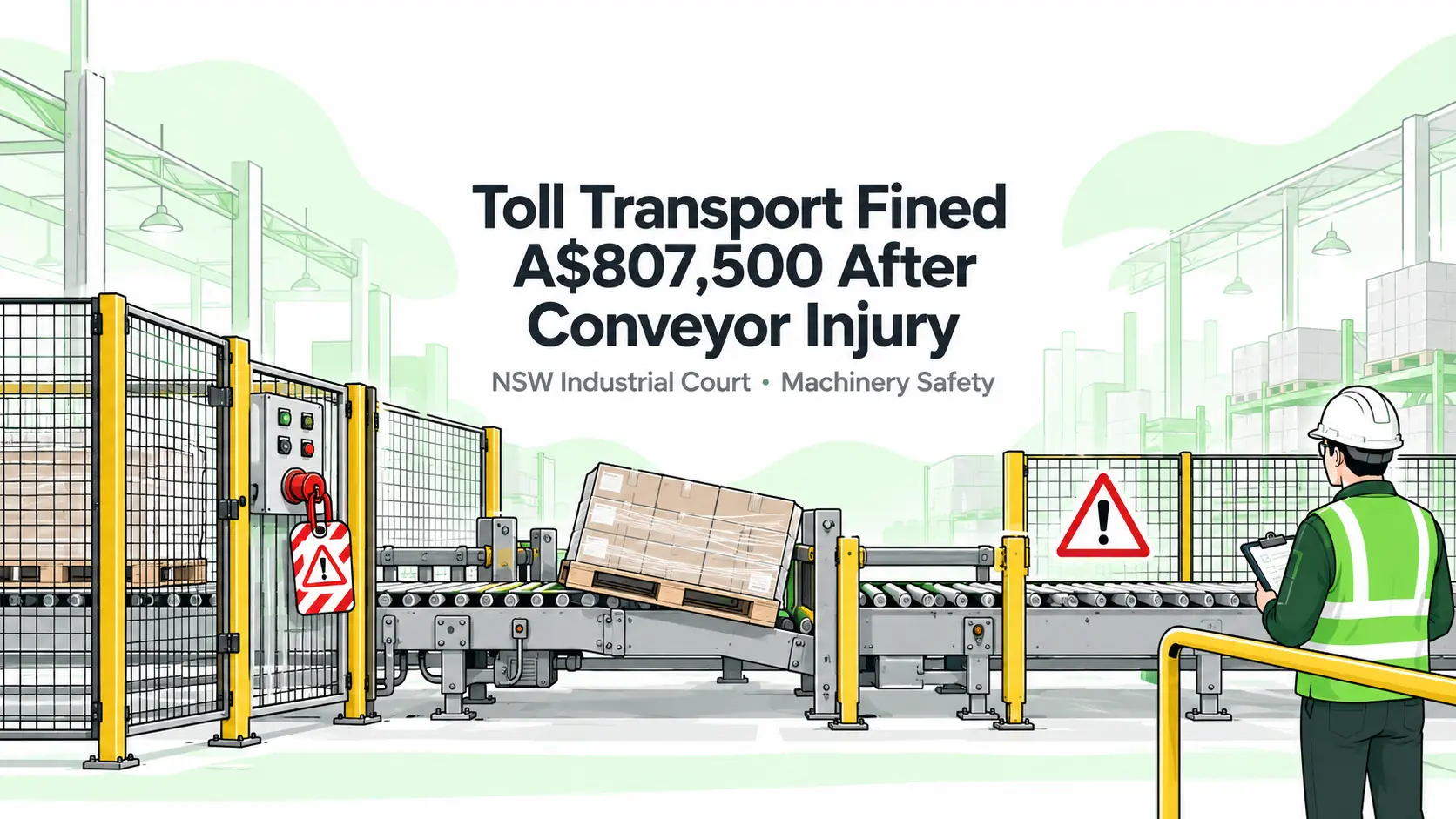 Illustration of a guarded pallet conveyor and lockout controls representing the Toll Transport machinery-safety prosecution.