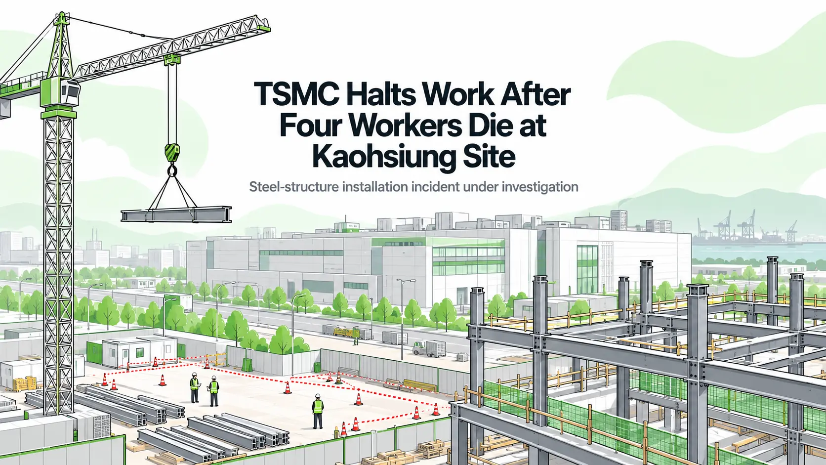 Editorial illustration of a semiconductor factory construction campus with stopped crane operations and a cordoned steel-frame work area.