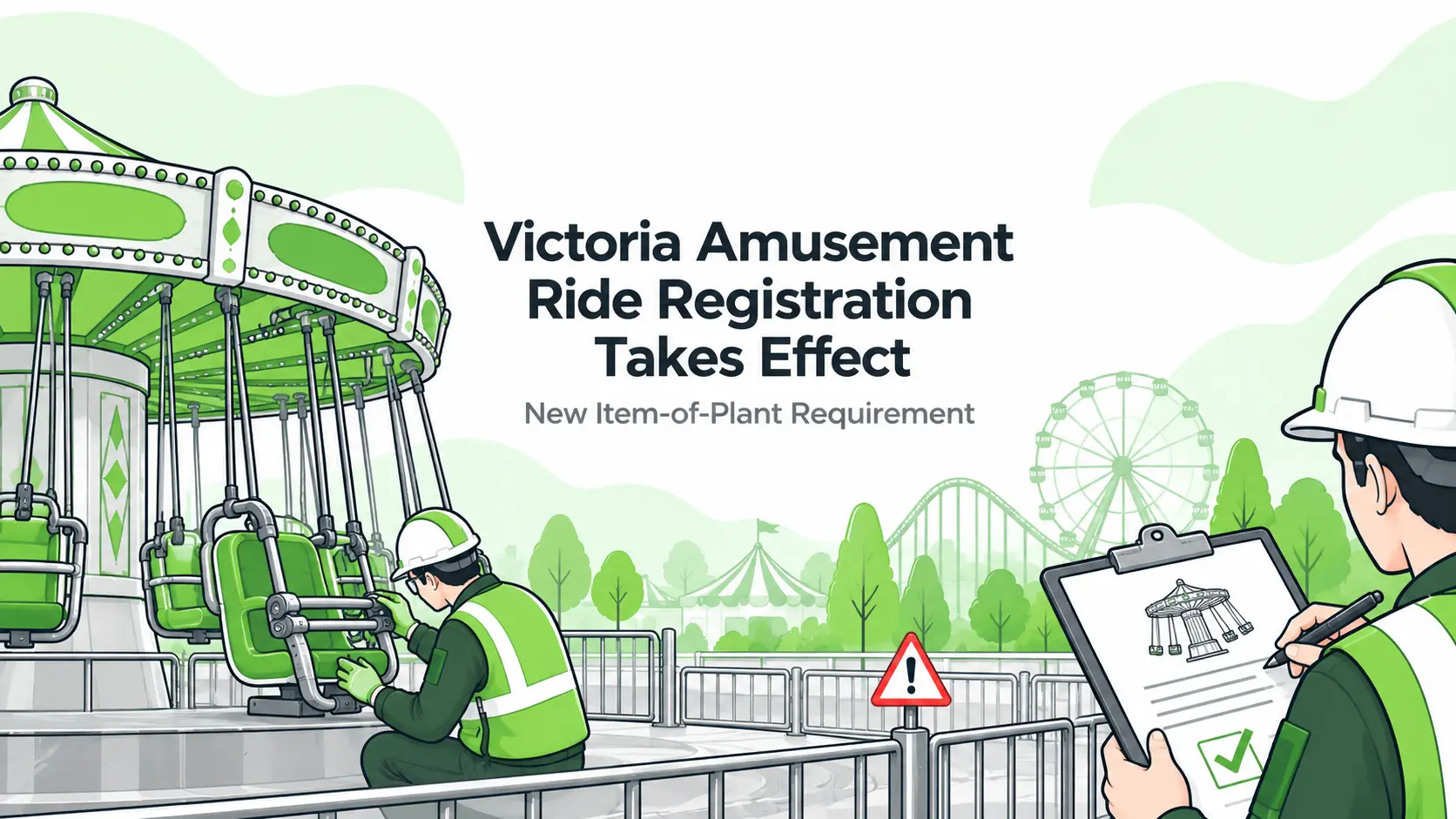 Illustration of a competent-person inspection of a stationary amusement ride with a registration checklist.