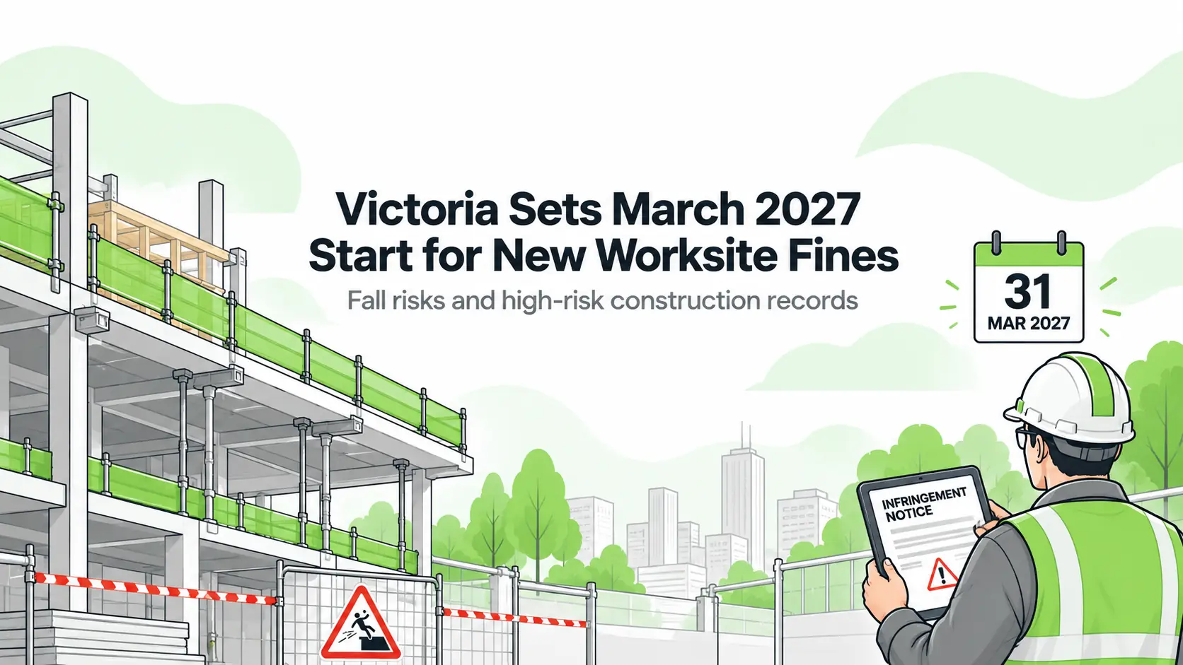 HSE Blog illustration of an inspector beside protected construction platforms and a calendar marking 31 March 2027 for Victoria worksite fines.