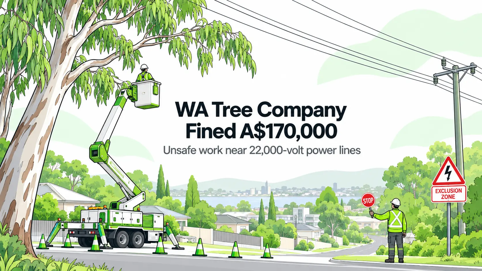 Illustration of controlled tree maintenance near high-voltage power lines with a dedicated safety observer