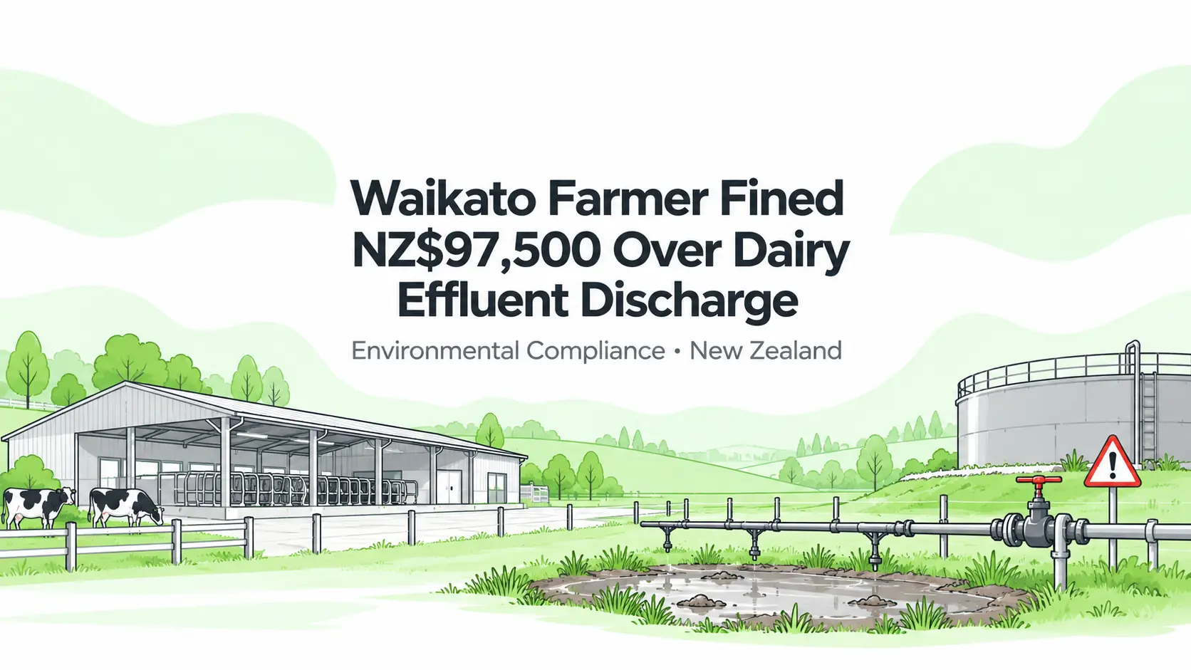 Editorial illustration of dairy buildings, effluent irrigation equipment and ponding, representing the Waikato environmental prosecution.