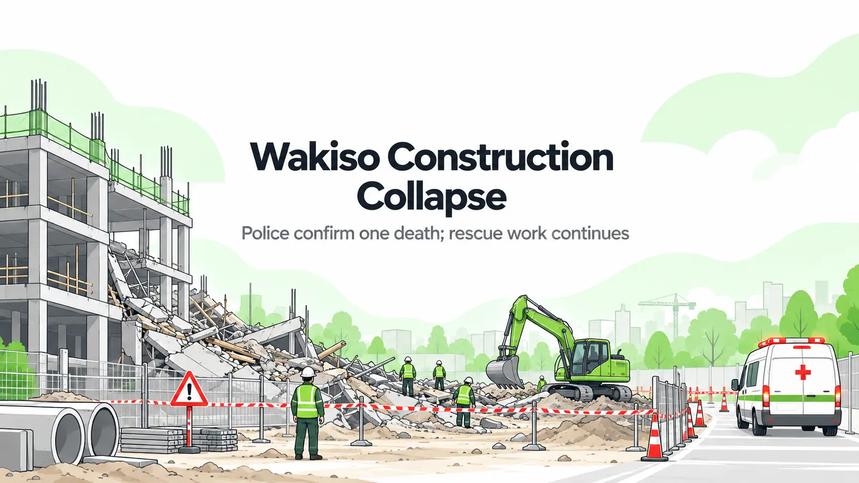 Conceptual illustration of a secured construction-collapse rescue site with a concrete frame, debris, a paused excavator and distant emergency teams