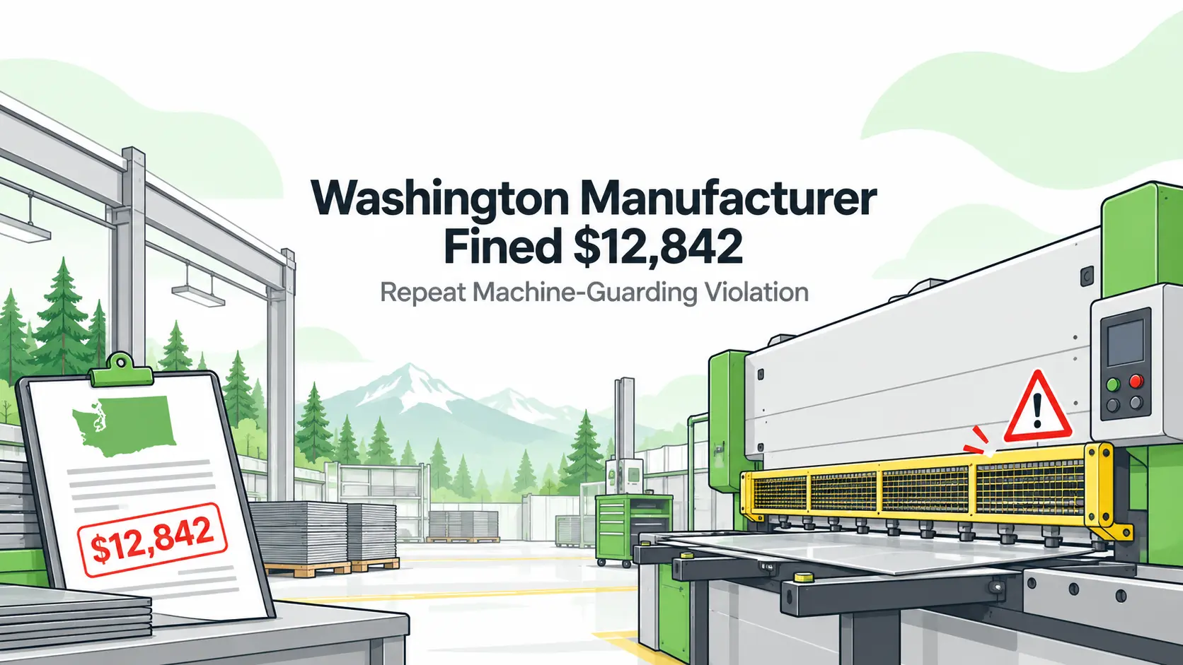 Illustration of a guarded metal shear and a Washington safety citation for $12,842