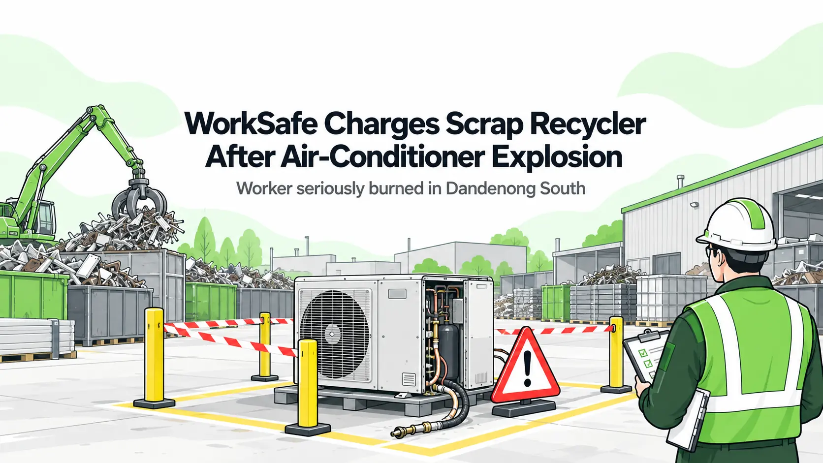Editorial illustration of an isolated air-conditioning unit at a scrap recycling yard with a hazard sign and safety inspector, representing the WorkSafe Victoria charge; not a photograph of the incident.