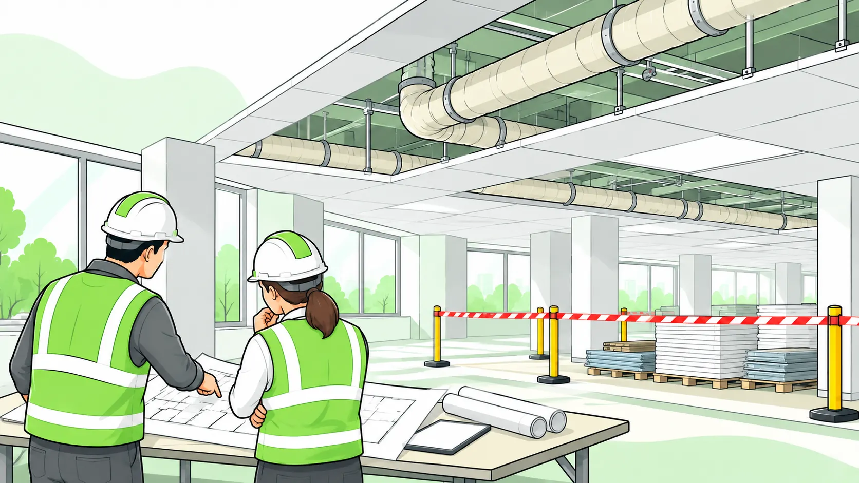 A facilities manager and surveyor review a building plan while intact pipe insulation and building materials remain undisturbed behind a barrier.