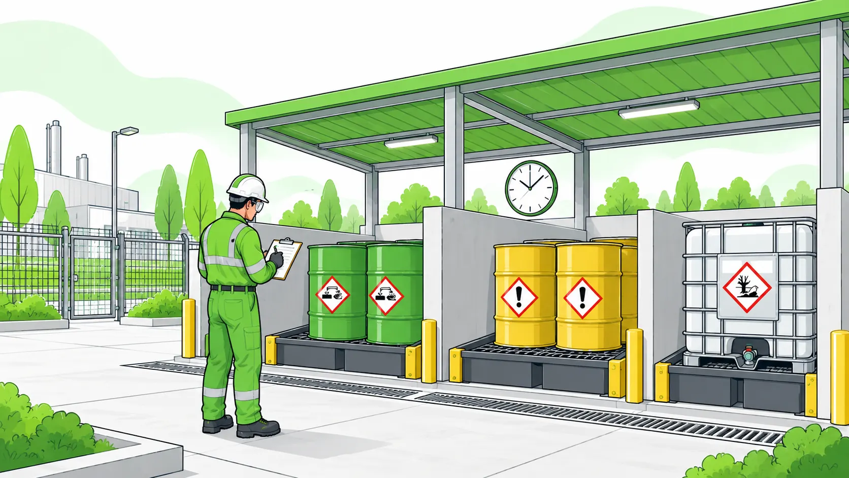 Worker inspects sealed hazardous waste containers on separate spill-containment pallets in a secure covered storage bay, with a clock indicating storage time.