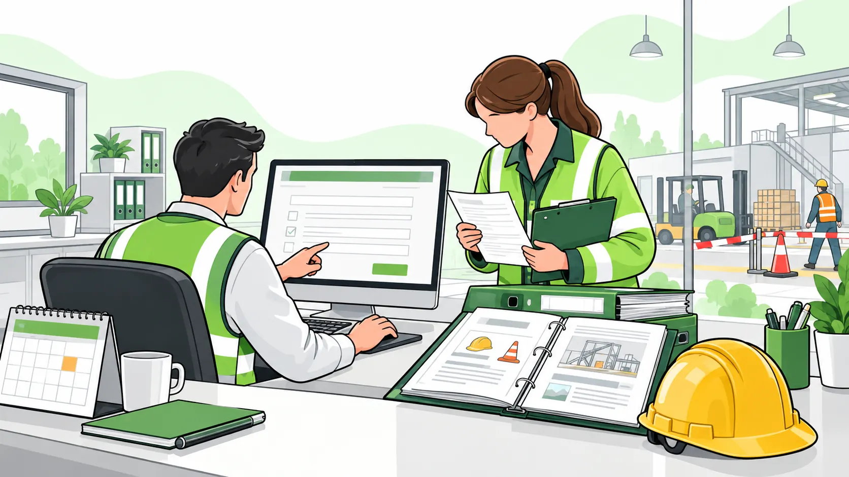 Employer and safety professional review incident records while completing a digital workplace reporting form.