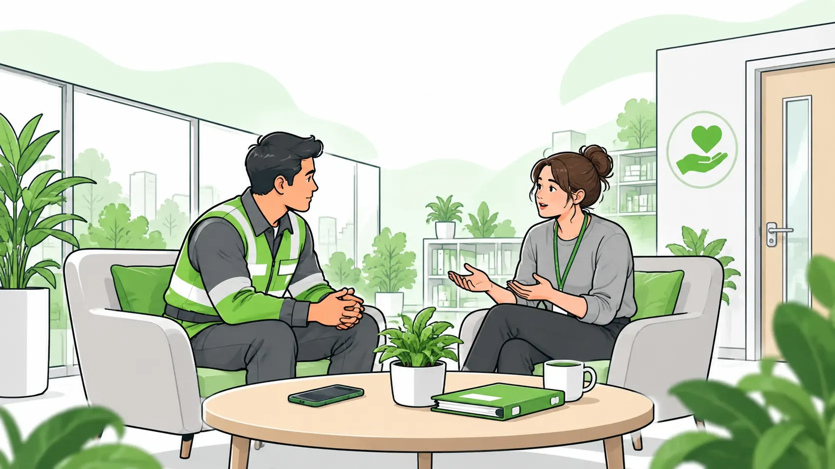 A trained workplace mental health first aider listens to a colleague in a quiet private seating area with support resources nearby.