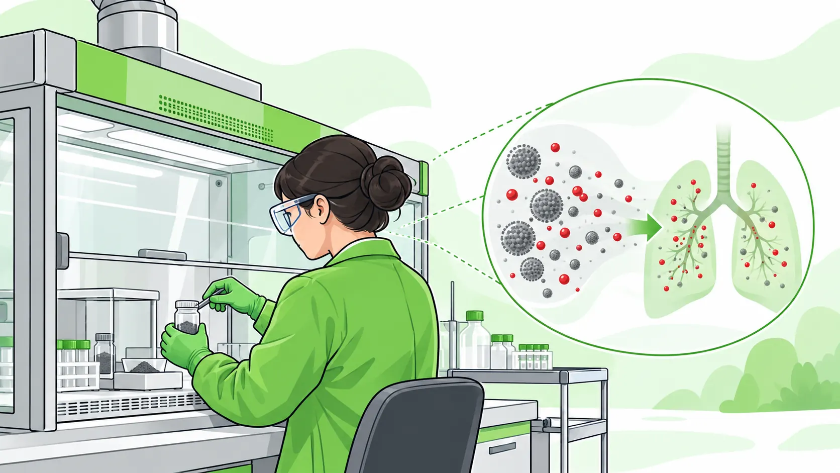 Laboratory worker handles a nanomaterial sample at a ventilated cabinet beside a conceptual illustration of particles and lung exposure.